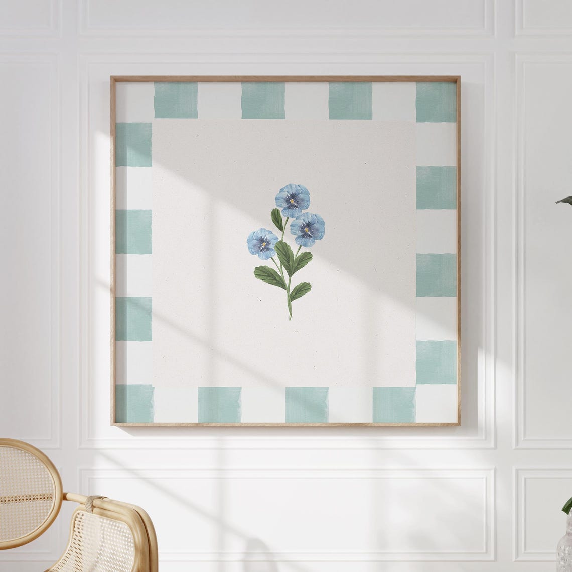 Blue Pansy Flower Stem with Teal Gingham Check Border Square Poster - Image 2