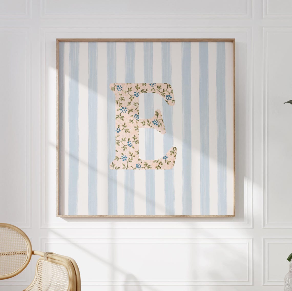 Floral Chintz Letter E Monogram Initial Blue Striped Wall Poster