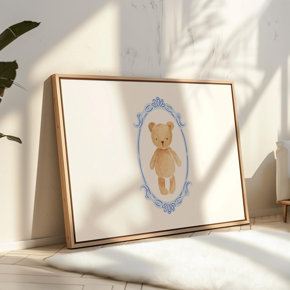 Vintage Teddy Bear in Blue Ornamental Frame Nursery Art Poster