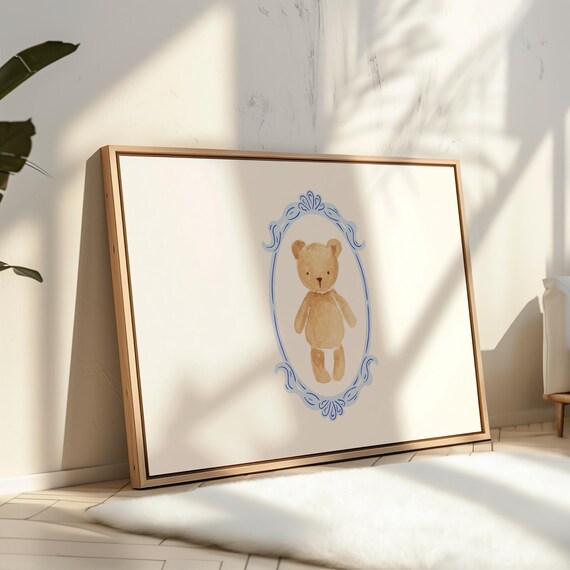Vintage Teddy Bear in Blue Ornamental Frame Nursery Art Poster