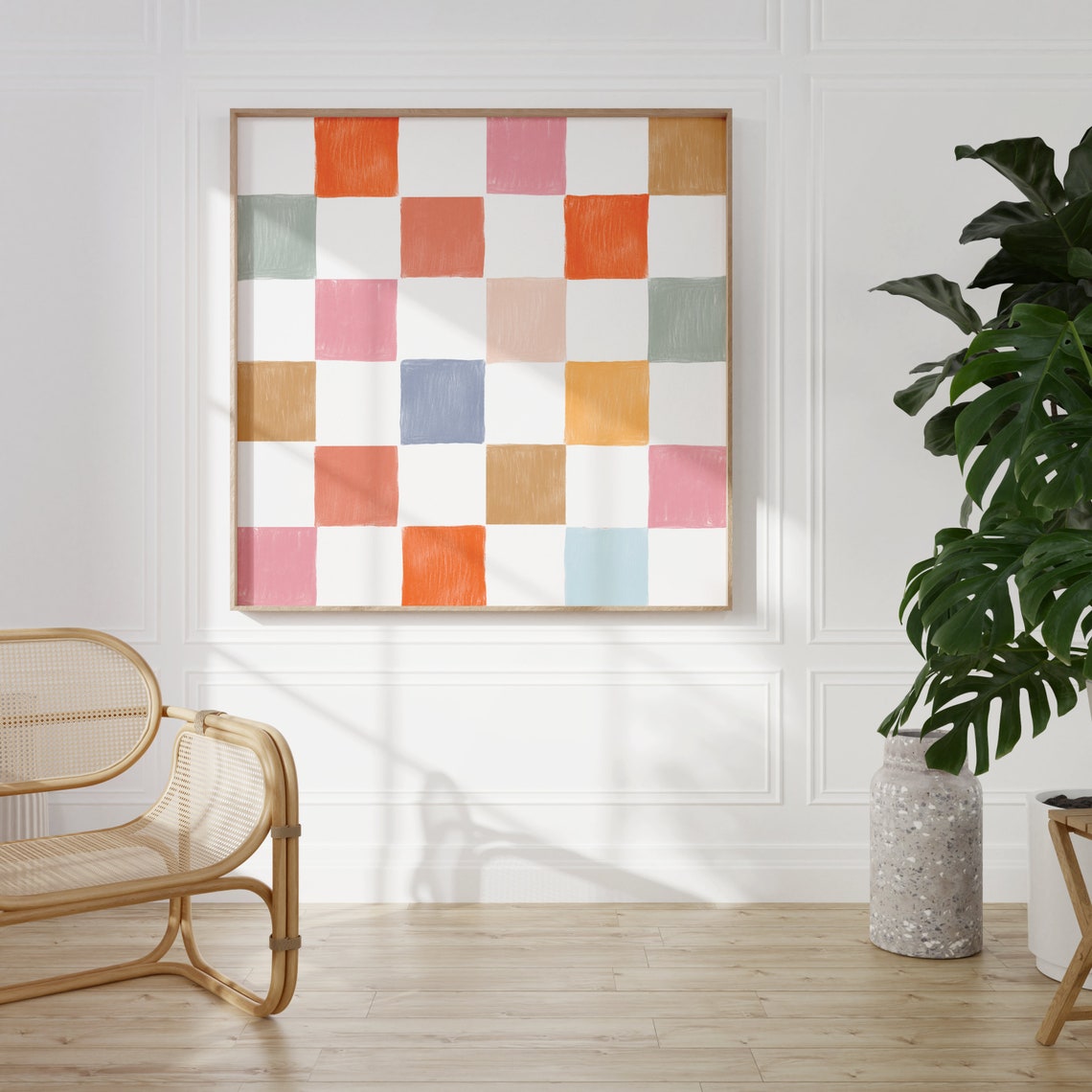 Colorful Hand Painted Checkerboard Squares Modern Art Poster - Image 2