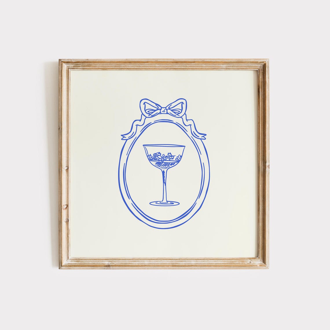 Blue Line Cocktail Coupe Glass Coquette Bow Oval Frame Art Print