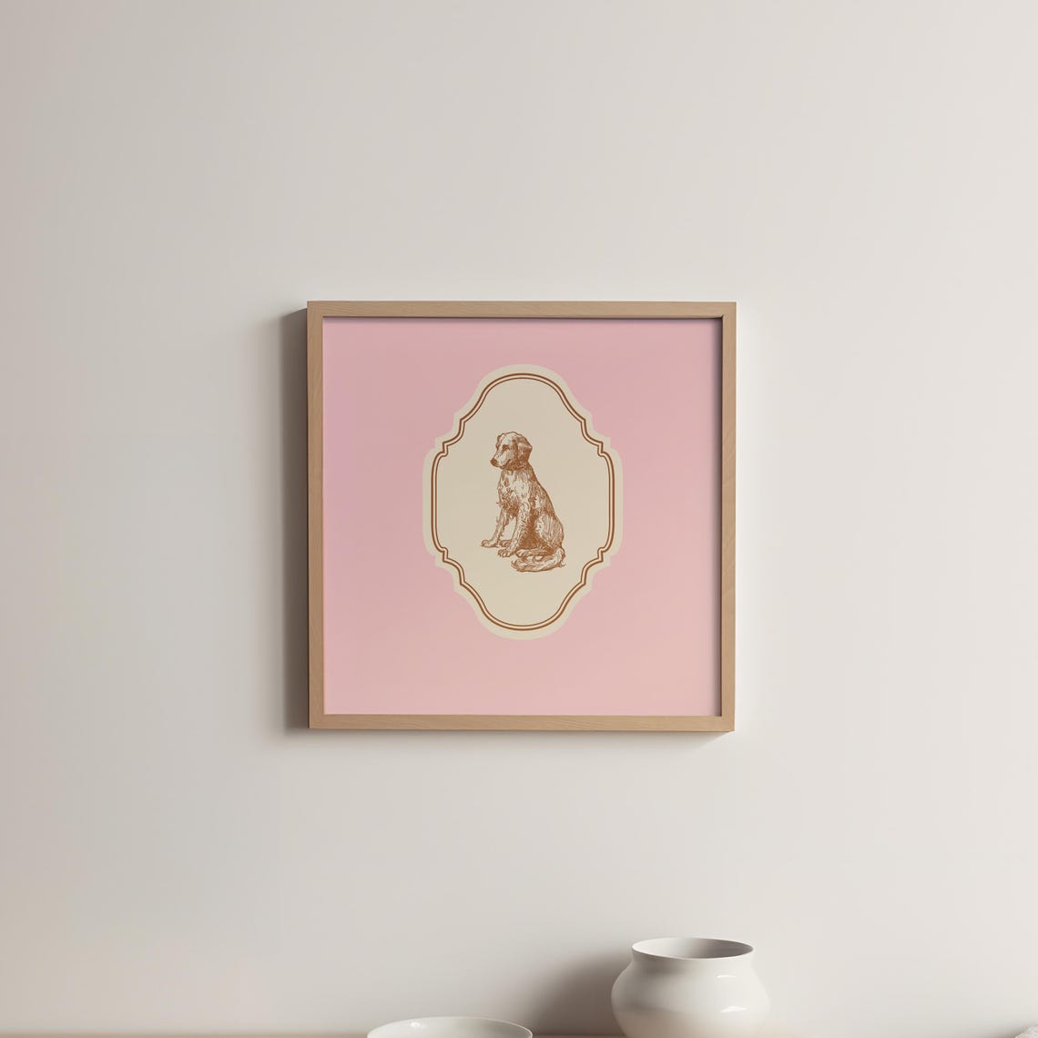 Vintage Sitting Dog Etching Pink Ornate Square Nursery Wall Art - Image 5