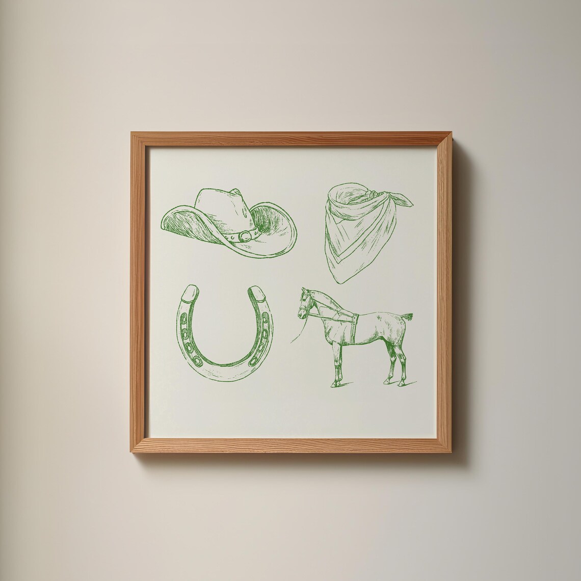 Western Cowboy Hat Horseshoe Horse Green Line Sketch Square Wall Art - Image 2