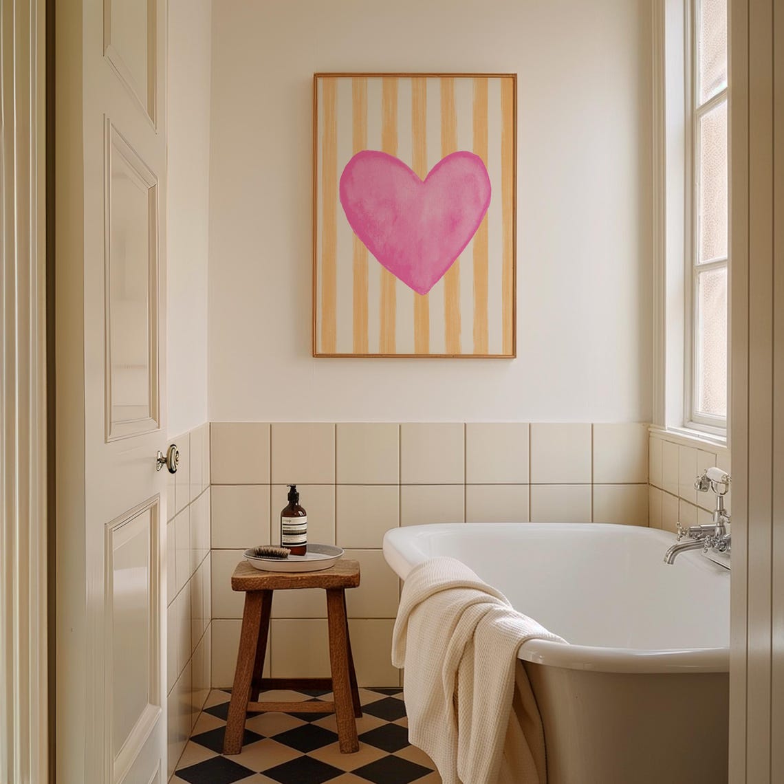Bright Pink Watercolor Heart Peach Striped Valentine Nursery Poster - Image 5