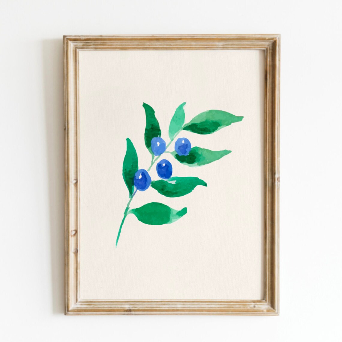 Blueberry Watercolor Branch Green Leaves Botanical Art Print