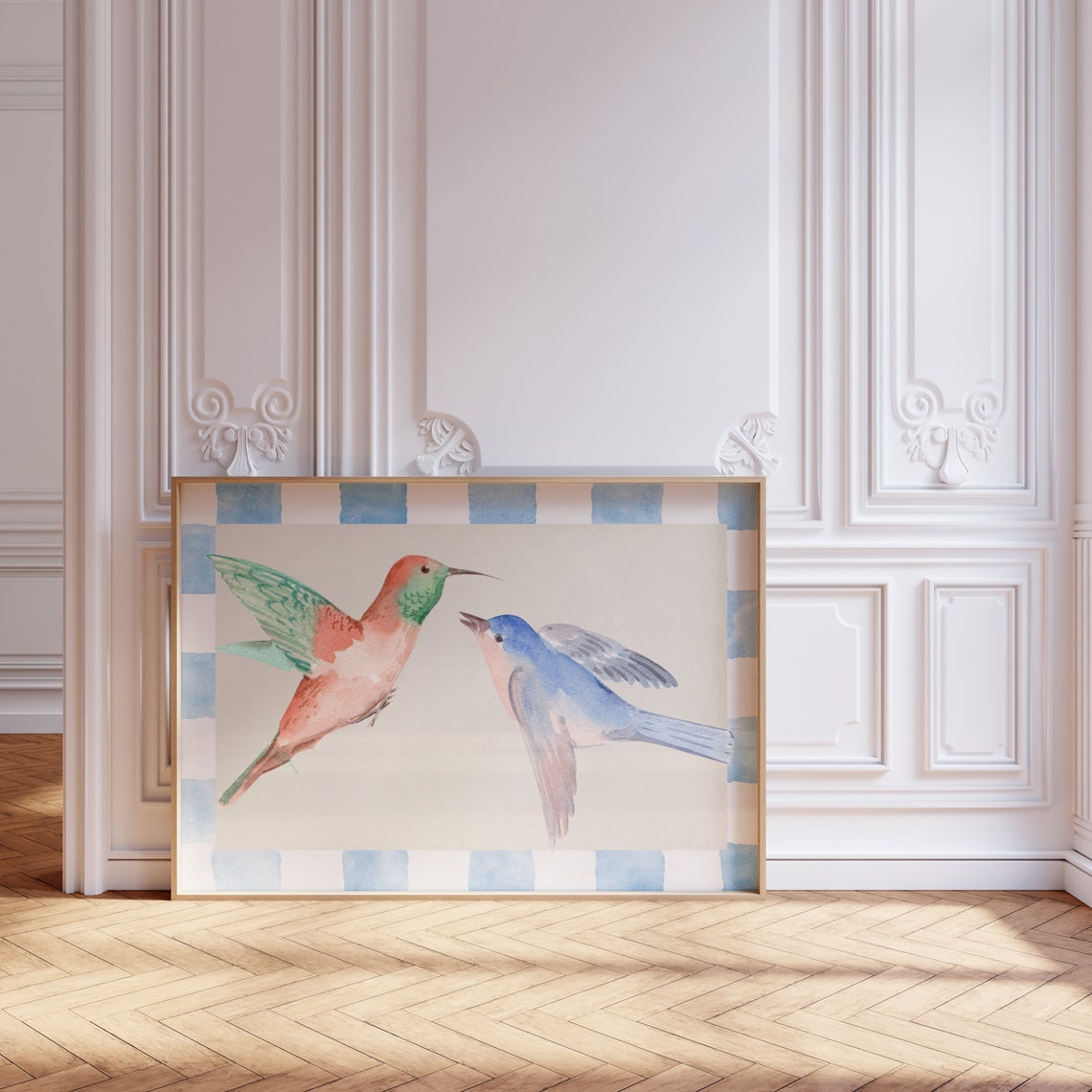 Pair of Watercolor Hummingbirds on Blue Gingham Border Poster - Image 2