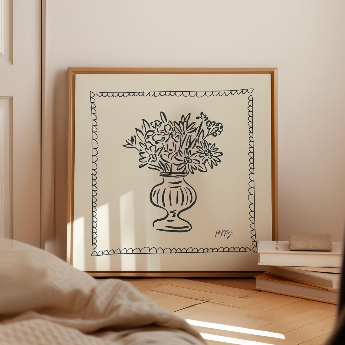 Black Line Flower Bouquet Vase Scalloped Border Gold Frame Art Poster - Image 3