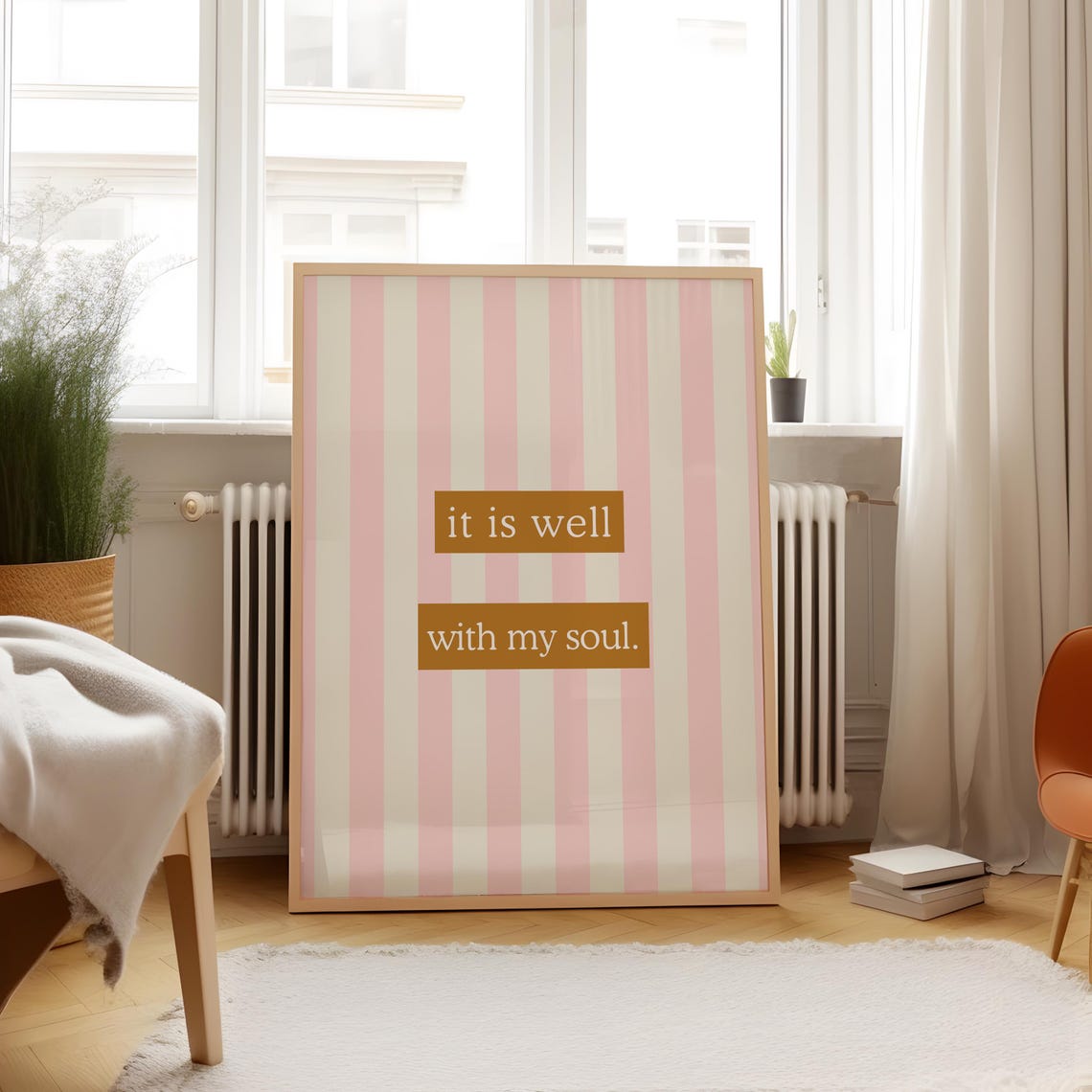 It Is Well With My Soul Pink Striped Gold Quote Nursery Wall Poster - Image 5