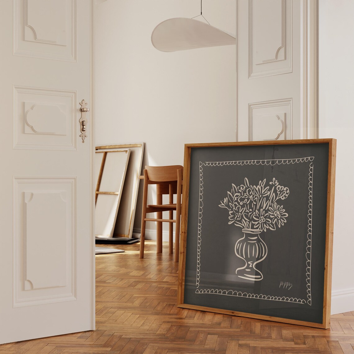 Black Background Cream Line Bouquet Vase Scalloped Border Art Poster - Image 4
