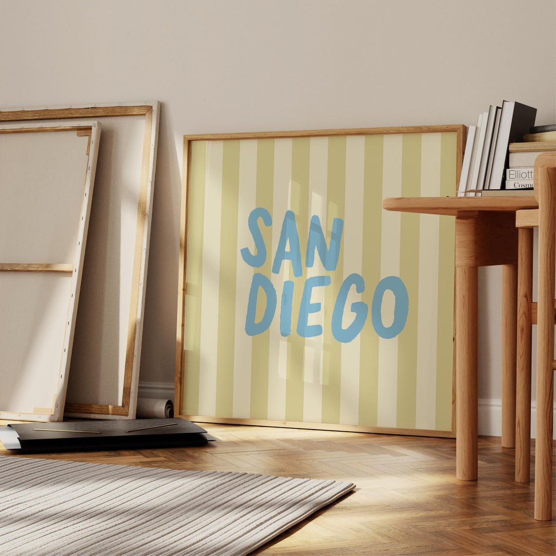 San Diego Blue Hand Lettered Green Striped Square City Name Poster