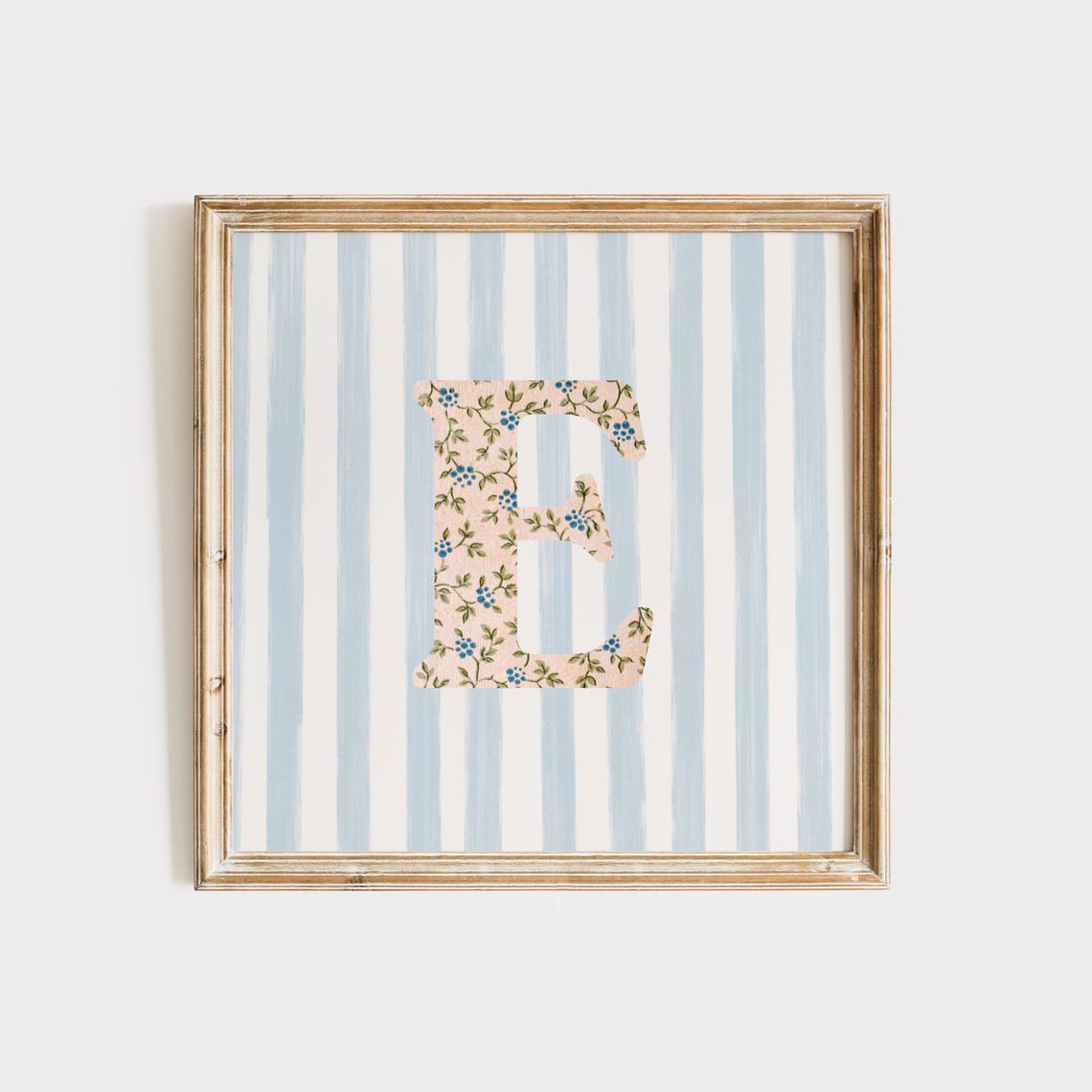Floral Chintz Letter E Monogram Initial Blue Striped Wall Poster - Image 2