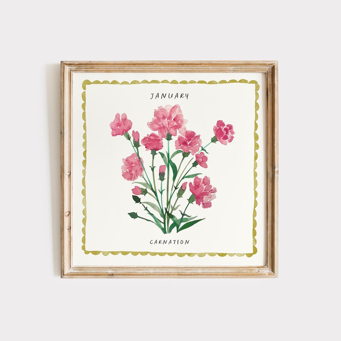 January Carnation Birth Flower Watercolor Botanical Wall Art