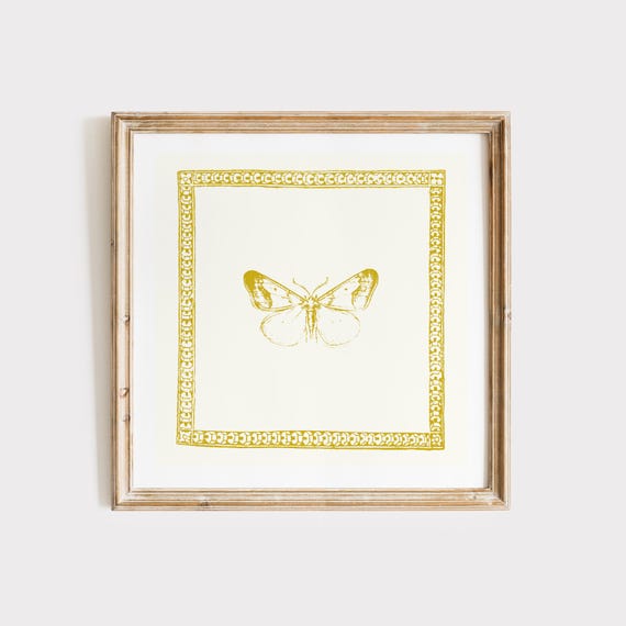 Vintage Chartreuse Minimal Butterfly Square Print Wall Art Kitchen Living Room Art Blue Thin Line Print