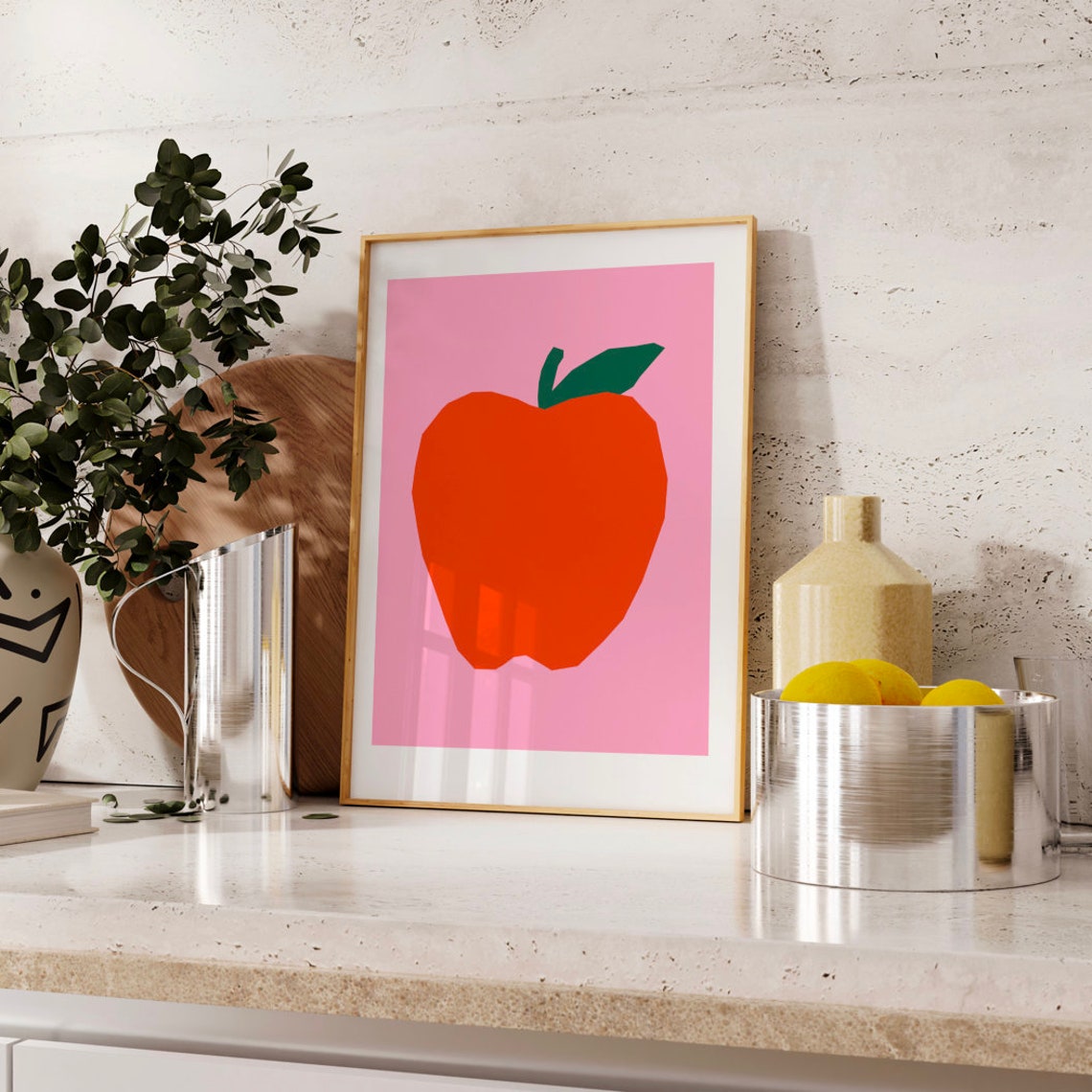 Poppy Apple Art Print Wall Art Trendy Decor Abstract Painting Kitchen Instant Classroom Pink Red Fruit - Image 2