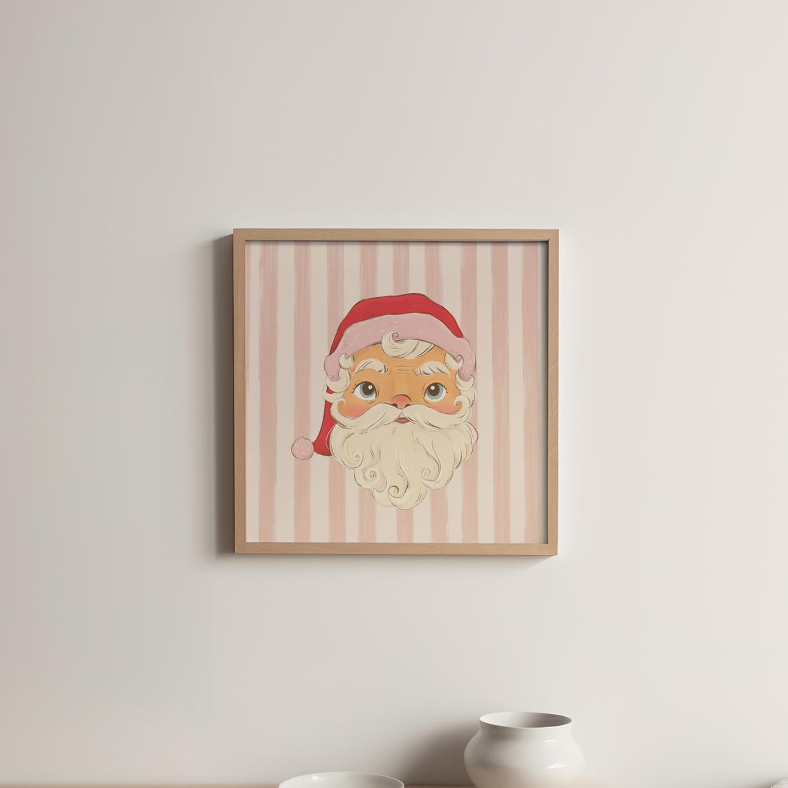Whimsical Santa Claus Face Pink Striped Square Christmas Poster - Image 4