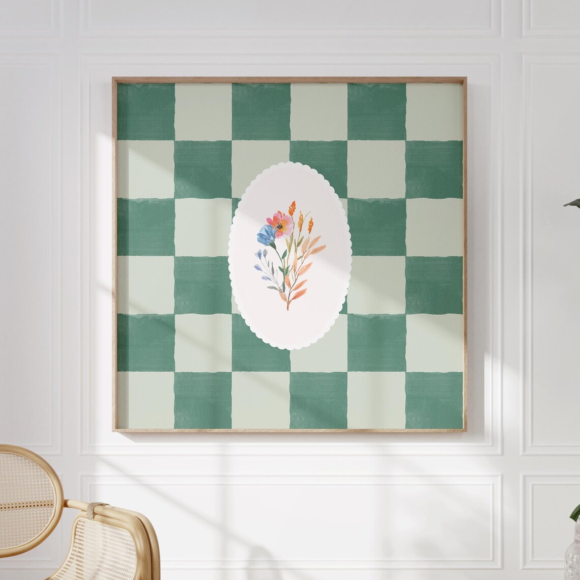Green Checkered Wildflower Square Art Print - Image 2