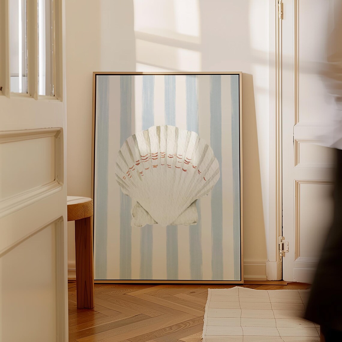Baby Blue Striped Seashell Minimal Art Print