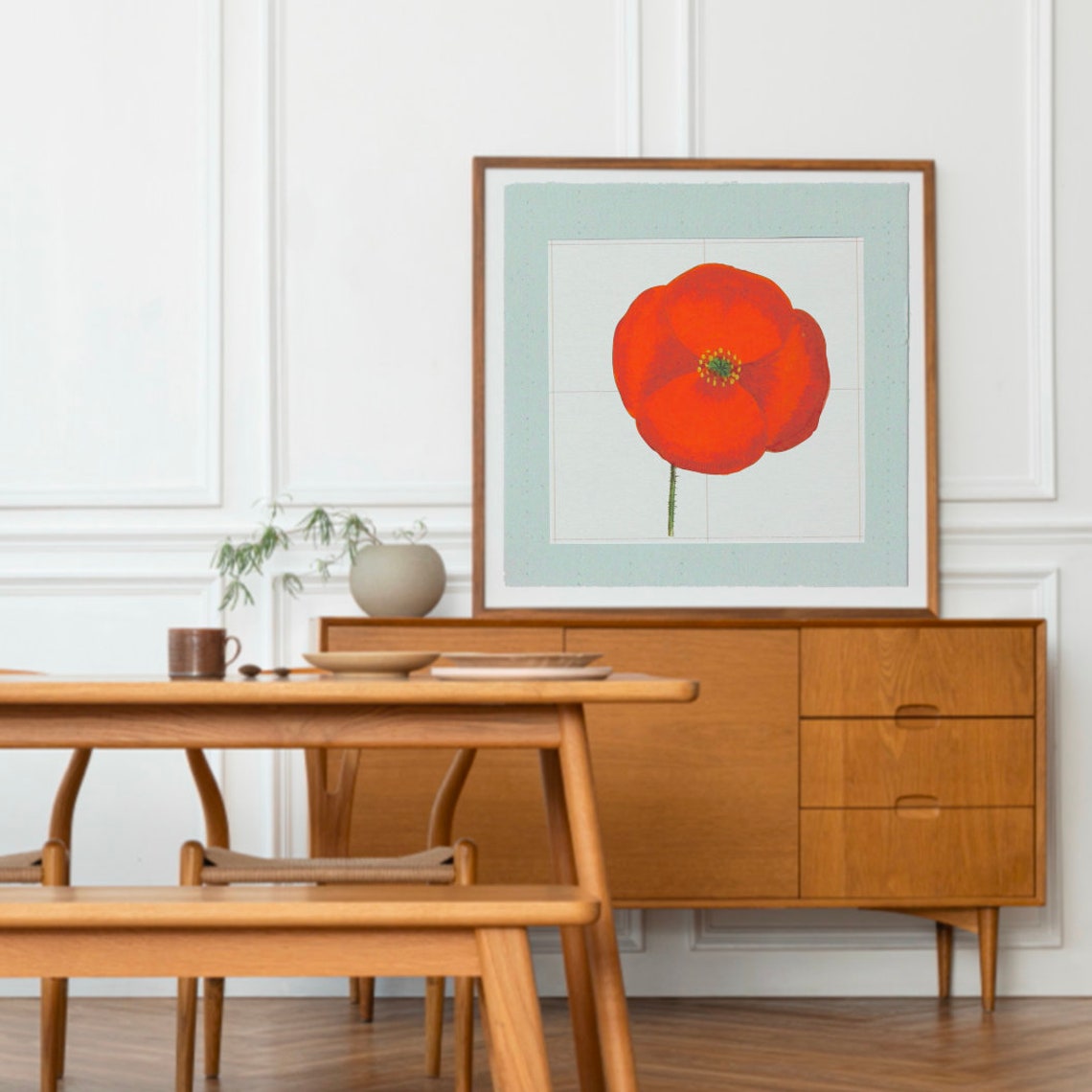 Single Red Poppy Flower Head on Sage Green Border Square Art Print - Image 2