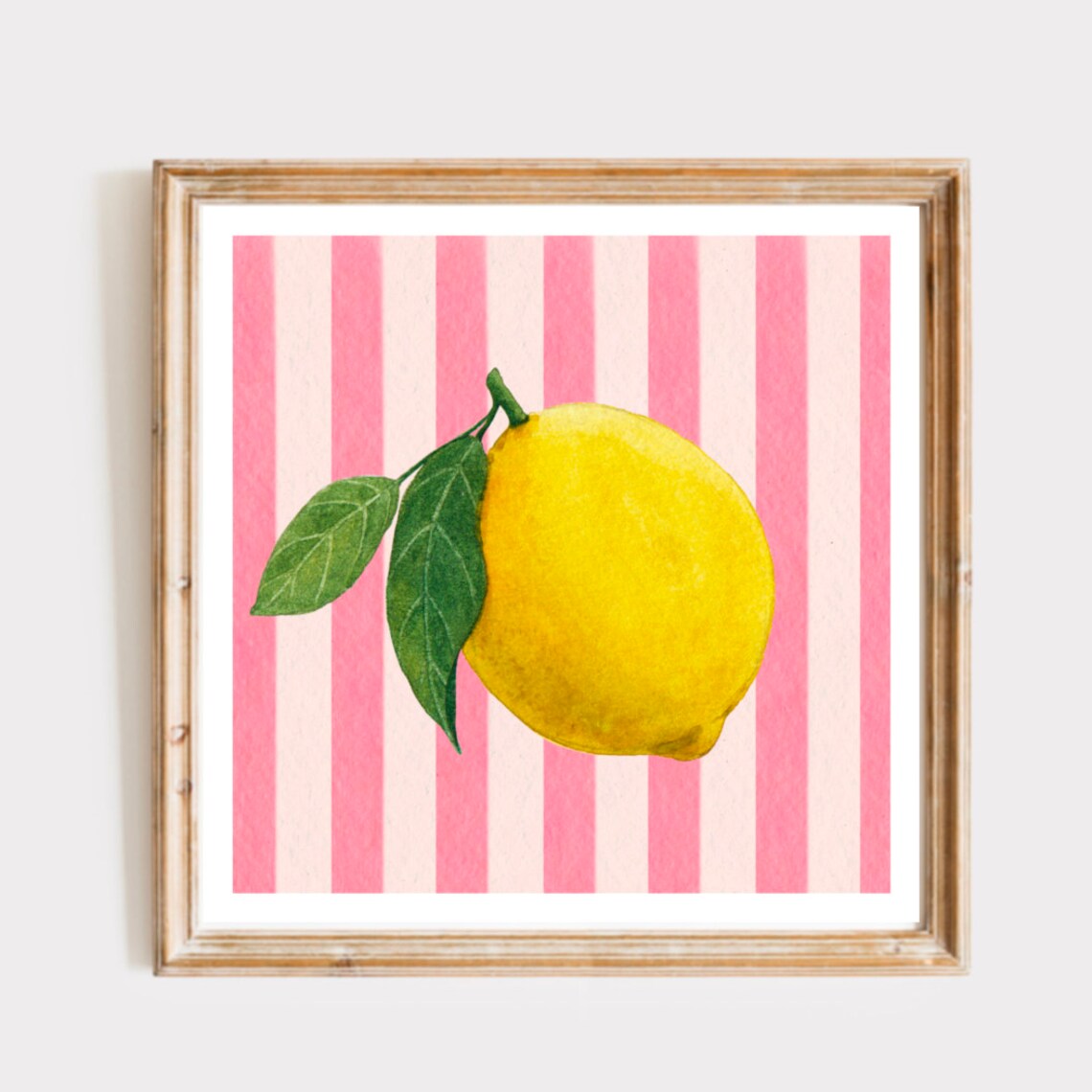 Fresh Watercolor Lemon on Pink and White Stripes Square Art Print