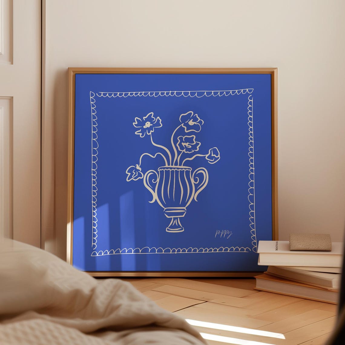 Cobalt Blue Background Cream Line Poppies Vase Modern Wall Poster
