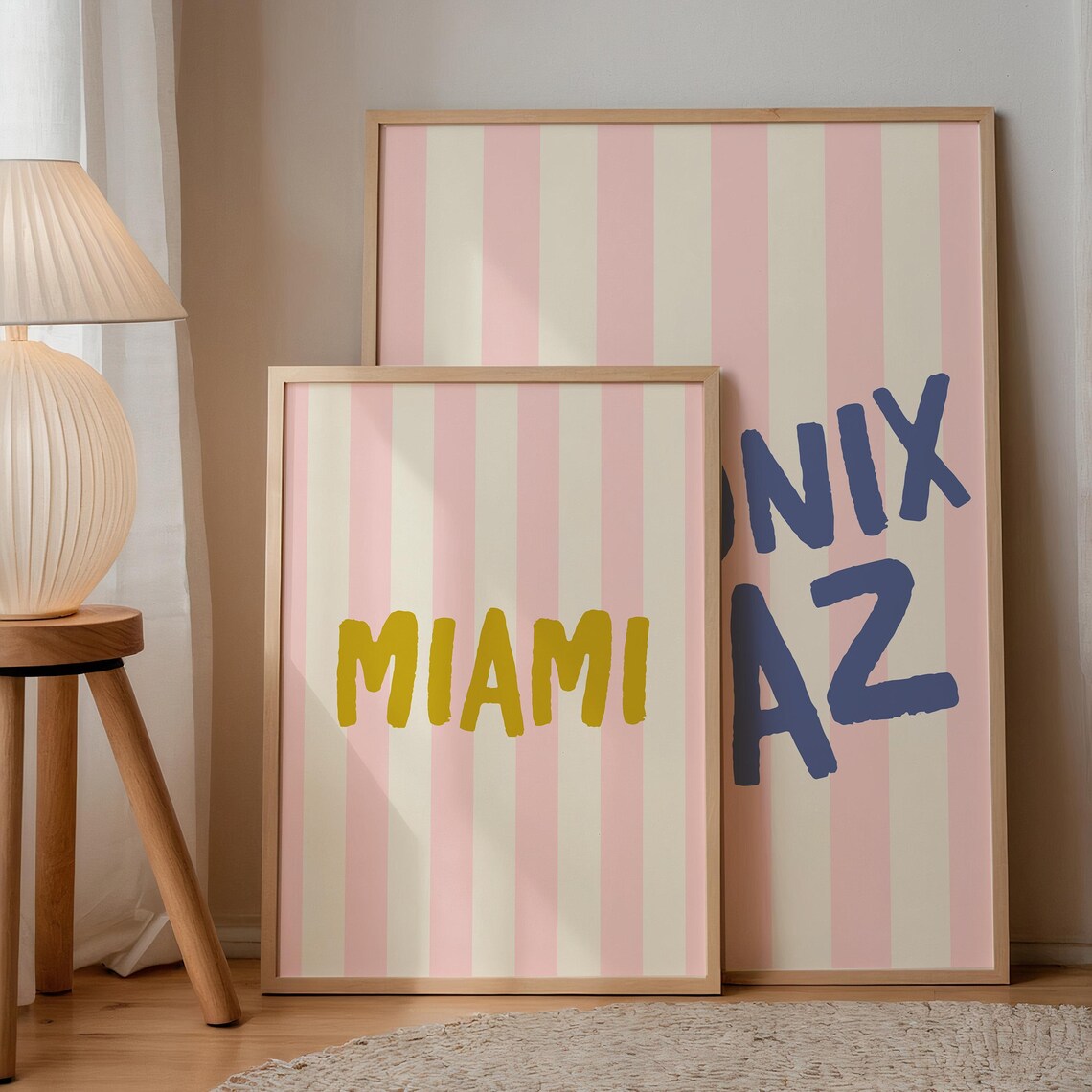 Miami Gold Hand Lettered Pink Striped Vertical Travel City Poster