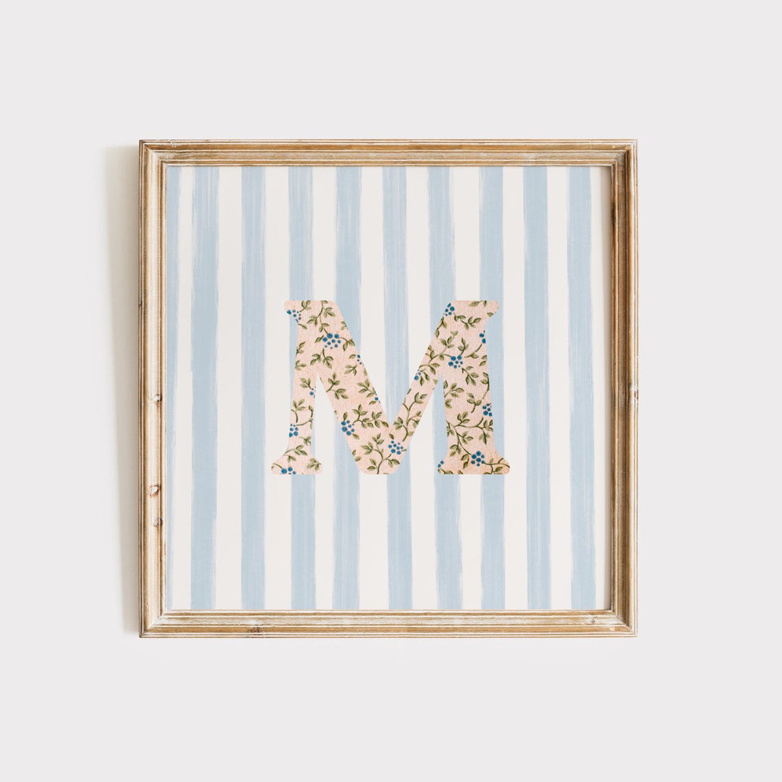 Floral Chintz Letter M Monogram Initial Blue Striped Wall Poster - Image 2