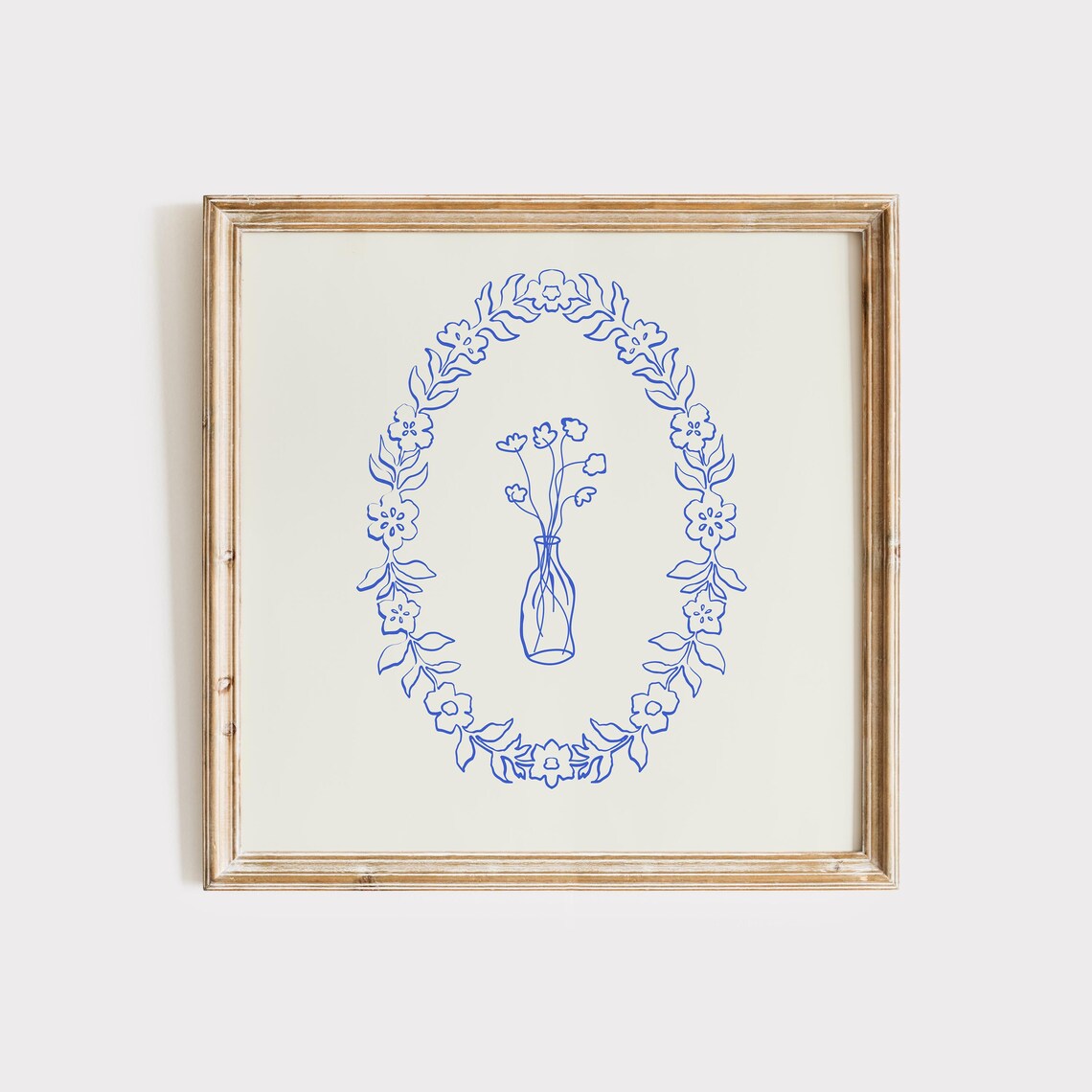 Blue Line Wildflower Vase Bouquet in Floral Wreath on Cream Poster - Image 2