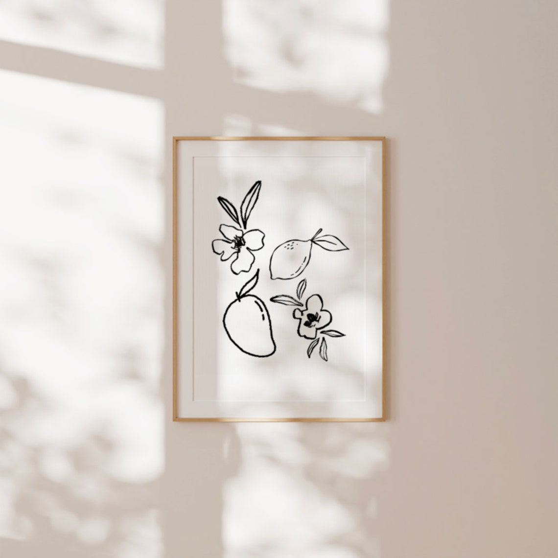 Minimalist Black Line Art Fruit and Blossom Sketch Vertical Print