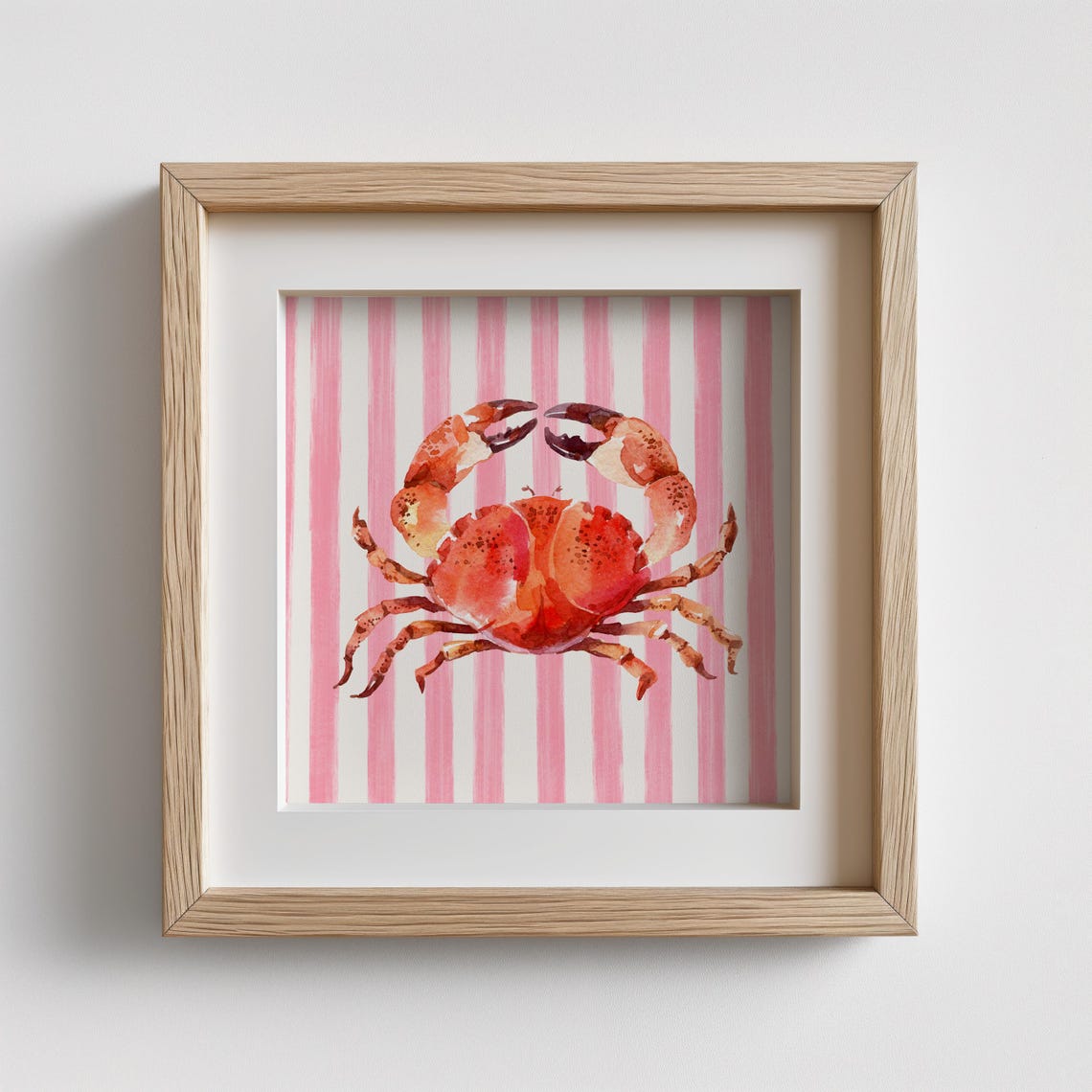 Coral Pink Watercolor Crab Pink Striped Coastal Kitchen Wall Poster - Image 2