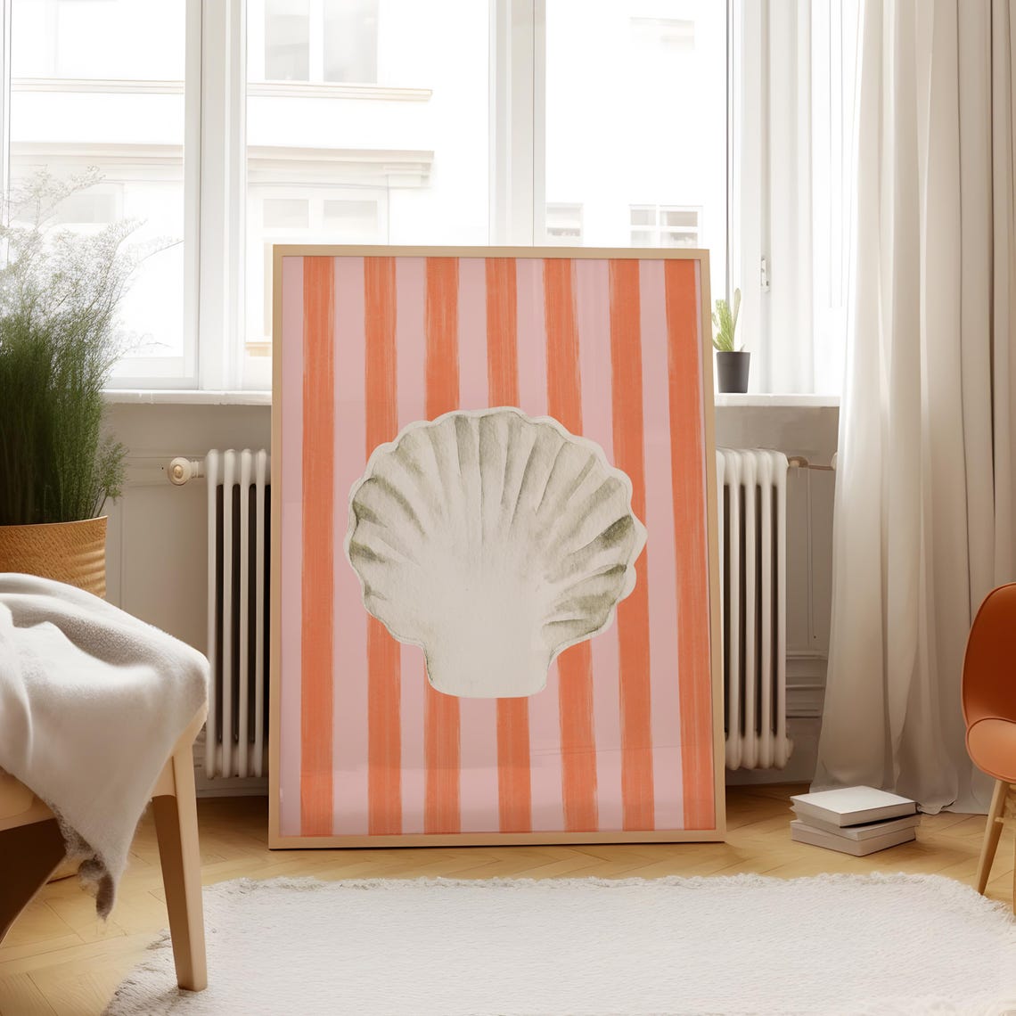 White Scallop Seashell Pink Stripe Coastal Art Print Beach Poster - Image 5