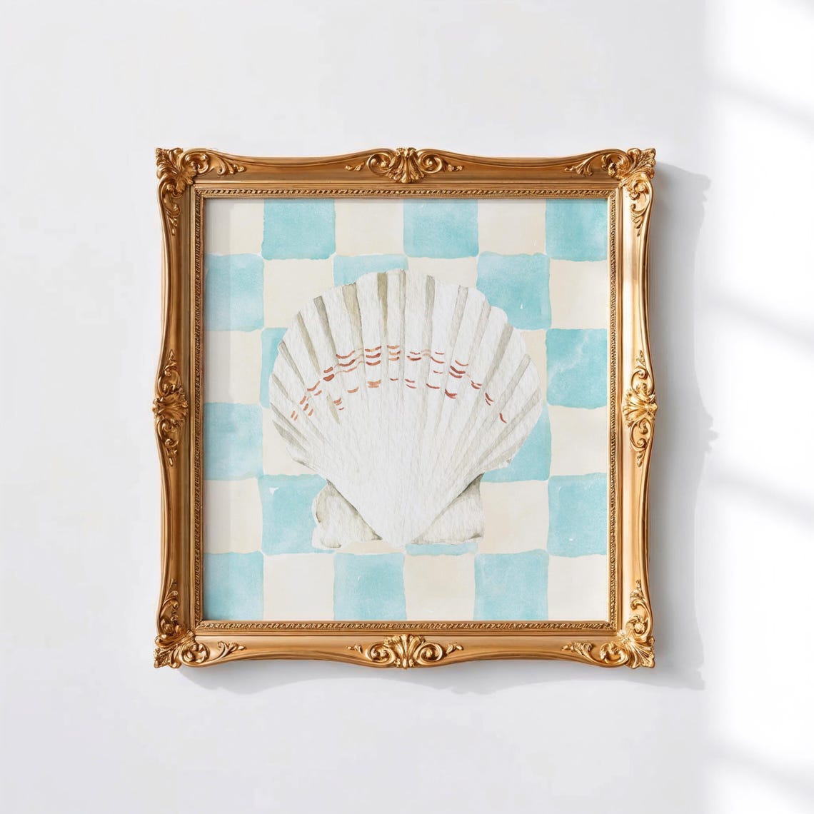 White Scallop Shell Turquoise Checkered Coastal Watercolor Art Poster - Image 3