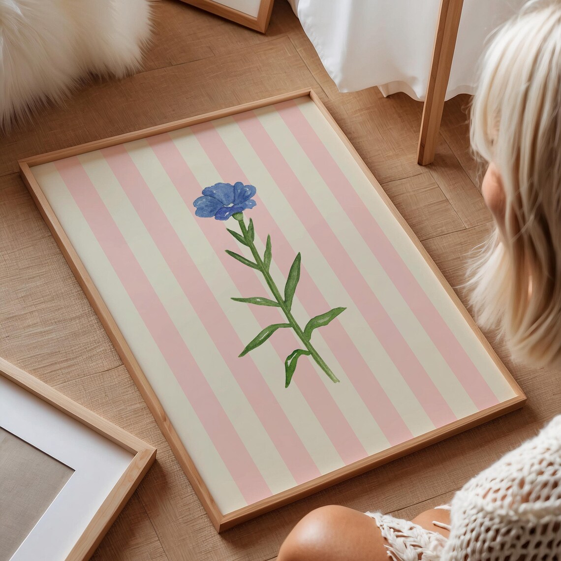 Pink Striped Floral Illustration Art Print, Nursery Decor - Image 3