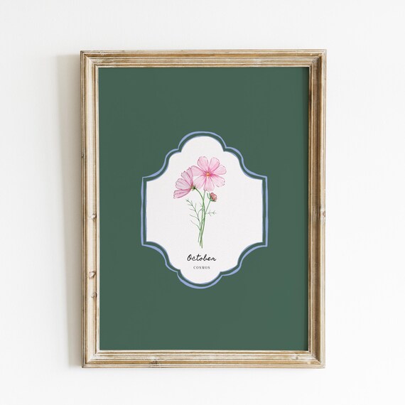 October Cosmos Birth Flower Deep Green Botanical Vintage Wall Art