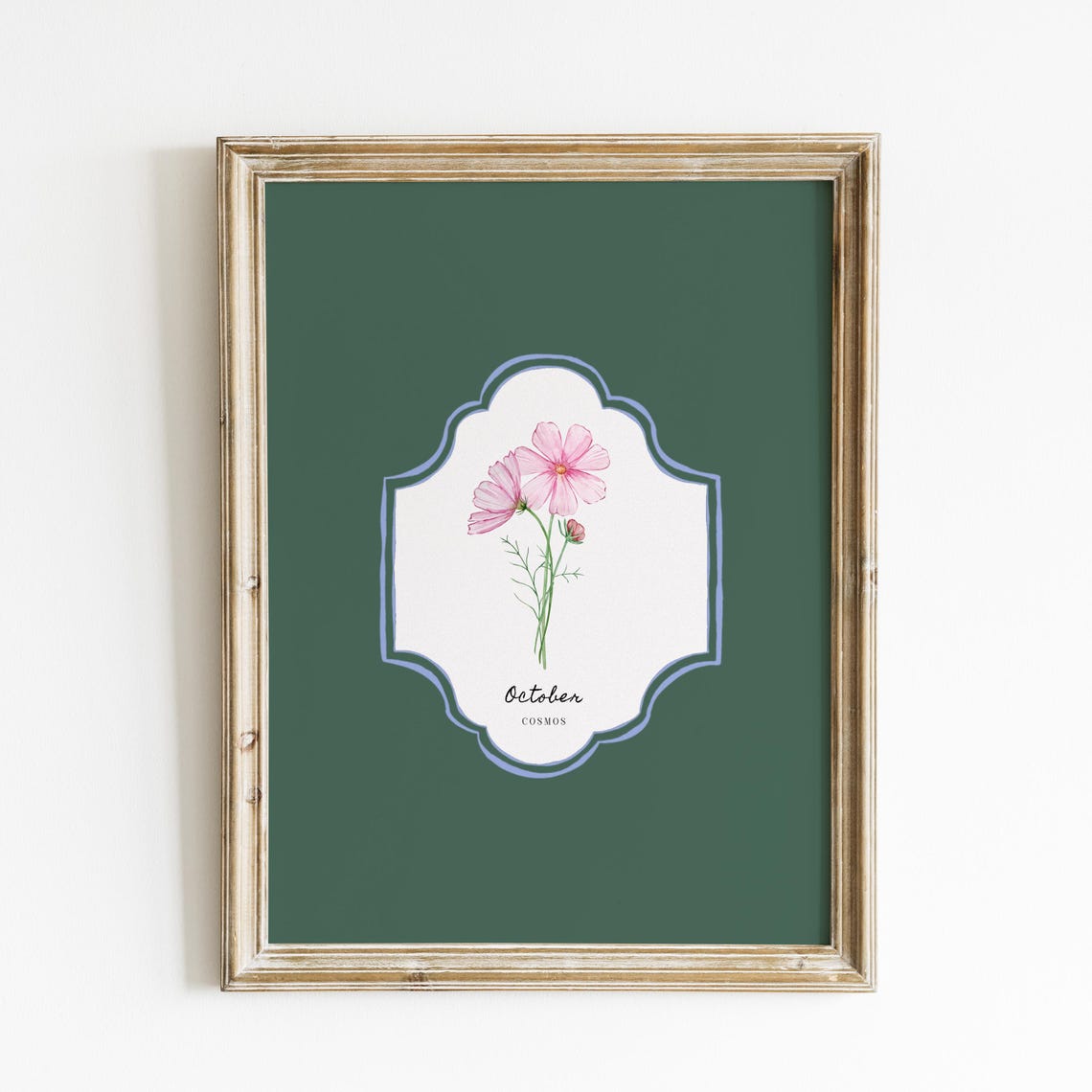 October Cosmos Birth Flower Deep Green Botanical Vintage Wall Art