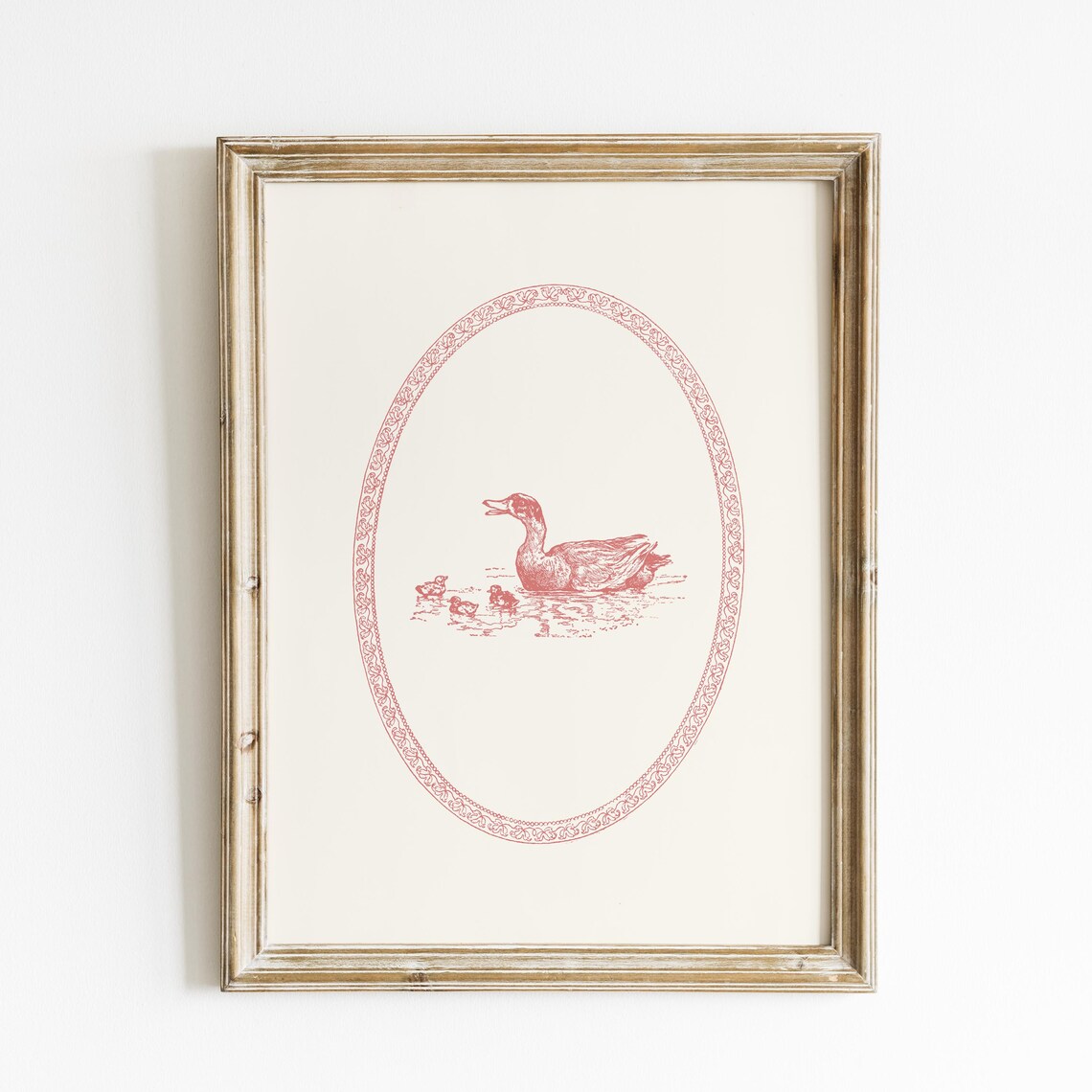 Rose Pink Duck and Ducklings Ornate Oval Border Vintage Nursery Print