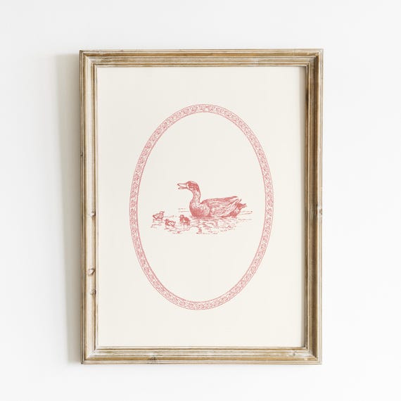 Rose Pink Vintage Swimming Ducks Print Vertical Art Print Print Wall Art Vintage Painting English Garden Cottage Nursery