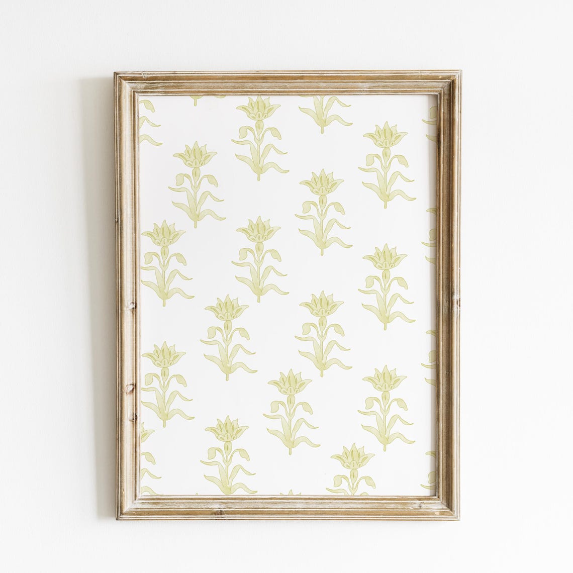 Chartreuse Green Block Print Floral Pattern Vintage Vertical Art Print