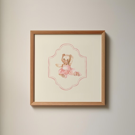 Ballet Teddy Bear Pink Border Square Watercolor Nursery Ballerina Art Print