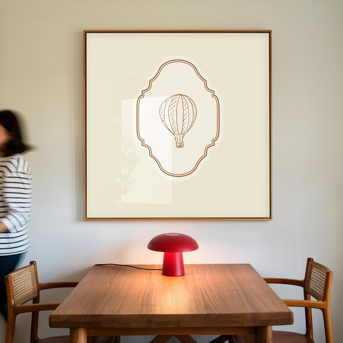 Vintage Hot Air Balloon Line Art Cream Ornate Square Nursery Poster - Image 3