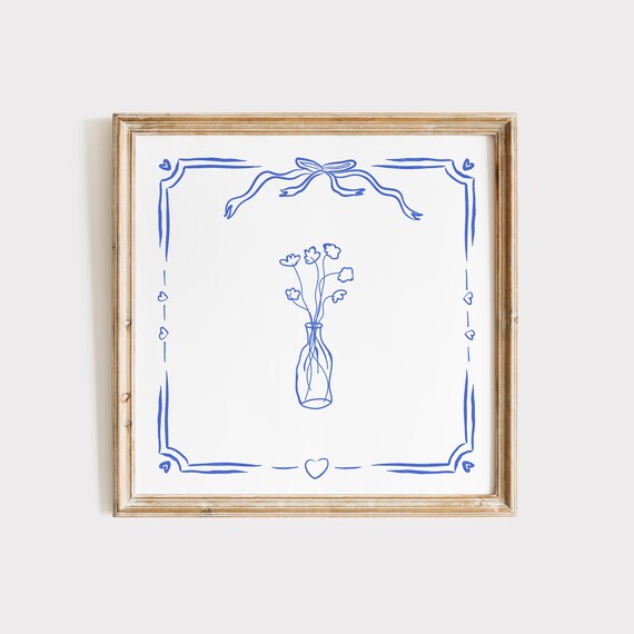 Charming Cobalt Blue Wildflower Vase Line Drawing Poster with Hearts