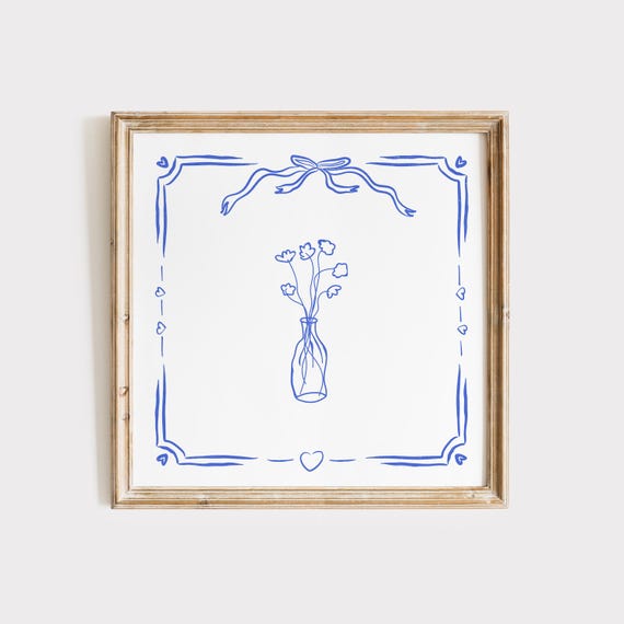 Cobalt Doodle Floral Print Instant Wall Art Trendy Decor Botanical Illustration Living Room Art Cottage Nursery
