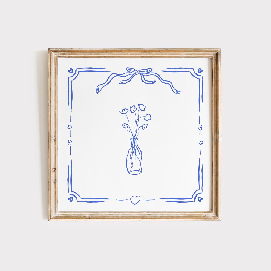 Charming Cobalt Blue Wildflower Vase Line Drawing Poster with Hearts