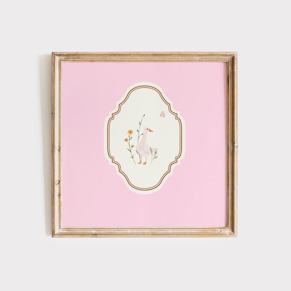 Pink Square Goose Flowers Butterfly Watercolor Nursery Poster - Image 2