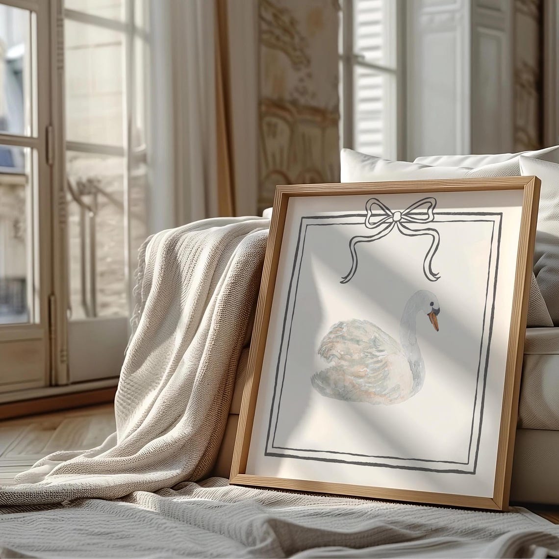 Dreamy Pastel Watercolor Swan with Hand Drawn Bow Frame Poster