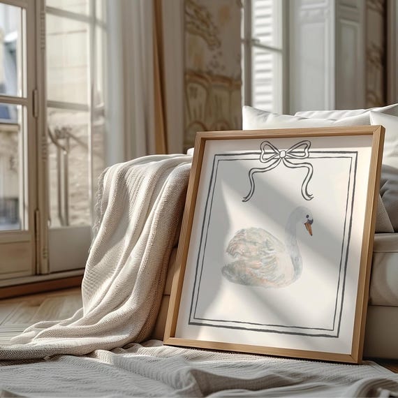 Sweet Framed Swan Print Wall Art Trendy Decor Botanical Illustration Living Room Art Cottage Nursery Decor Vintage