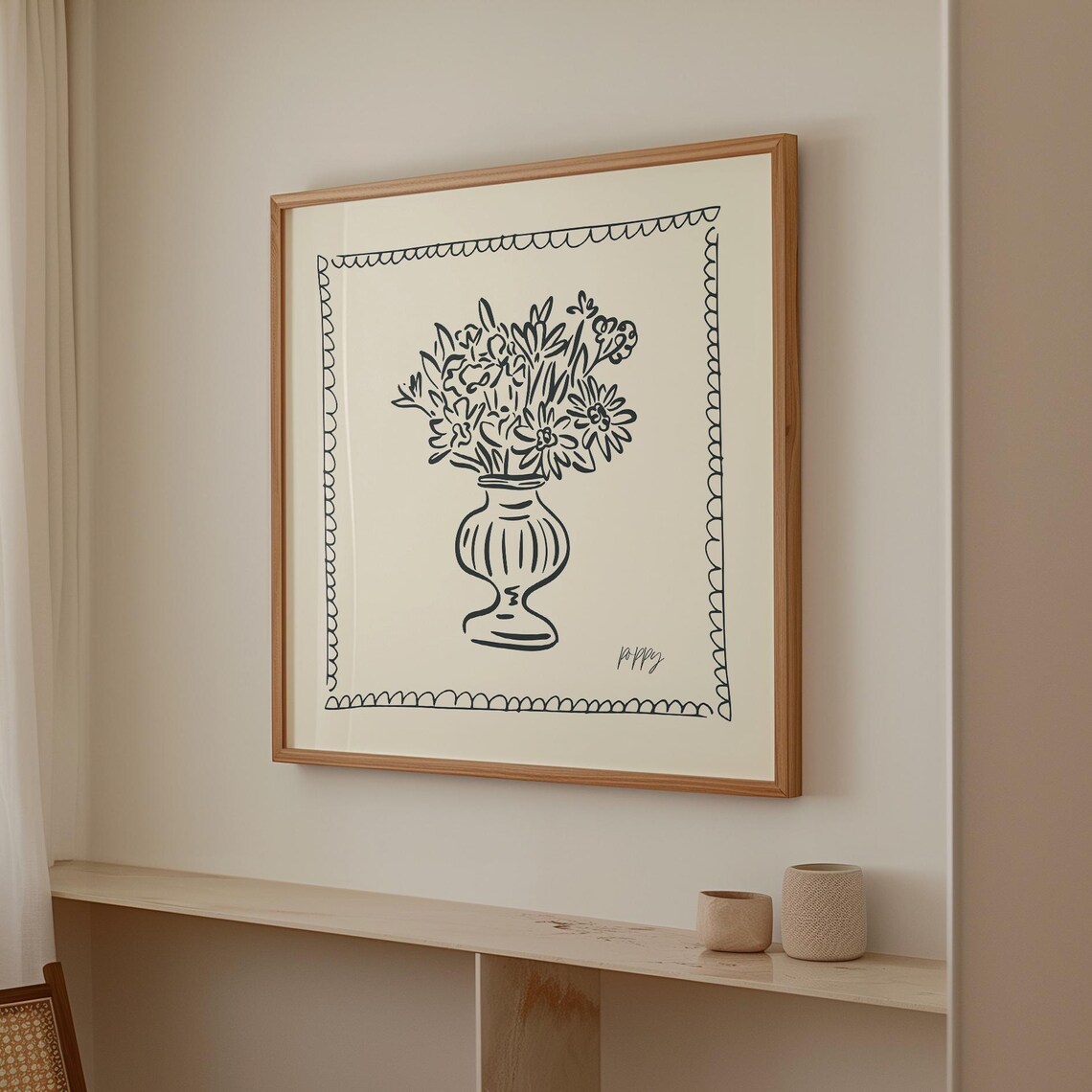 Black Line Flower Bouquet Vase Scalloped Border Gold Frame Art Poster - Image 2