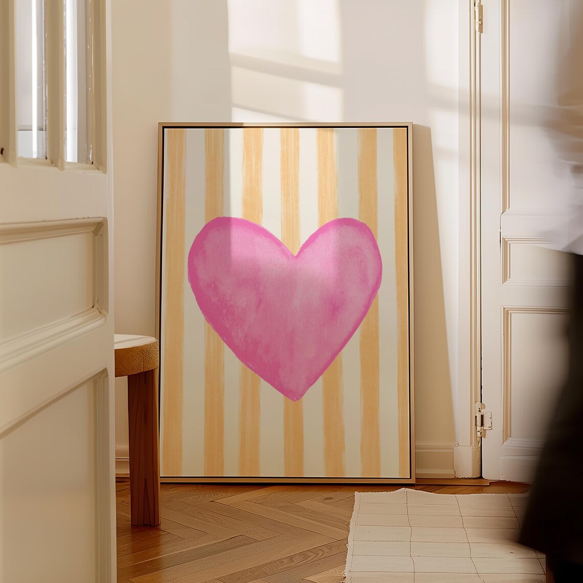 Bright Pink Watercolor Heart Peach Striped Valentine Nursery Poster