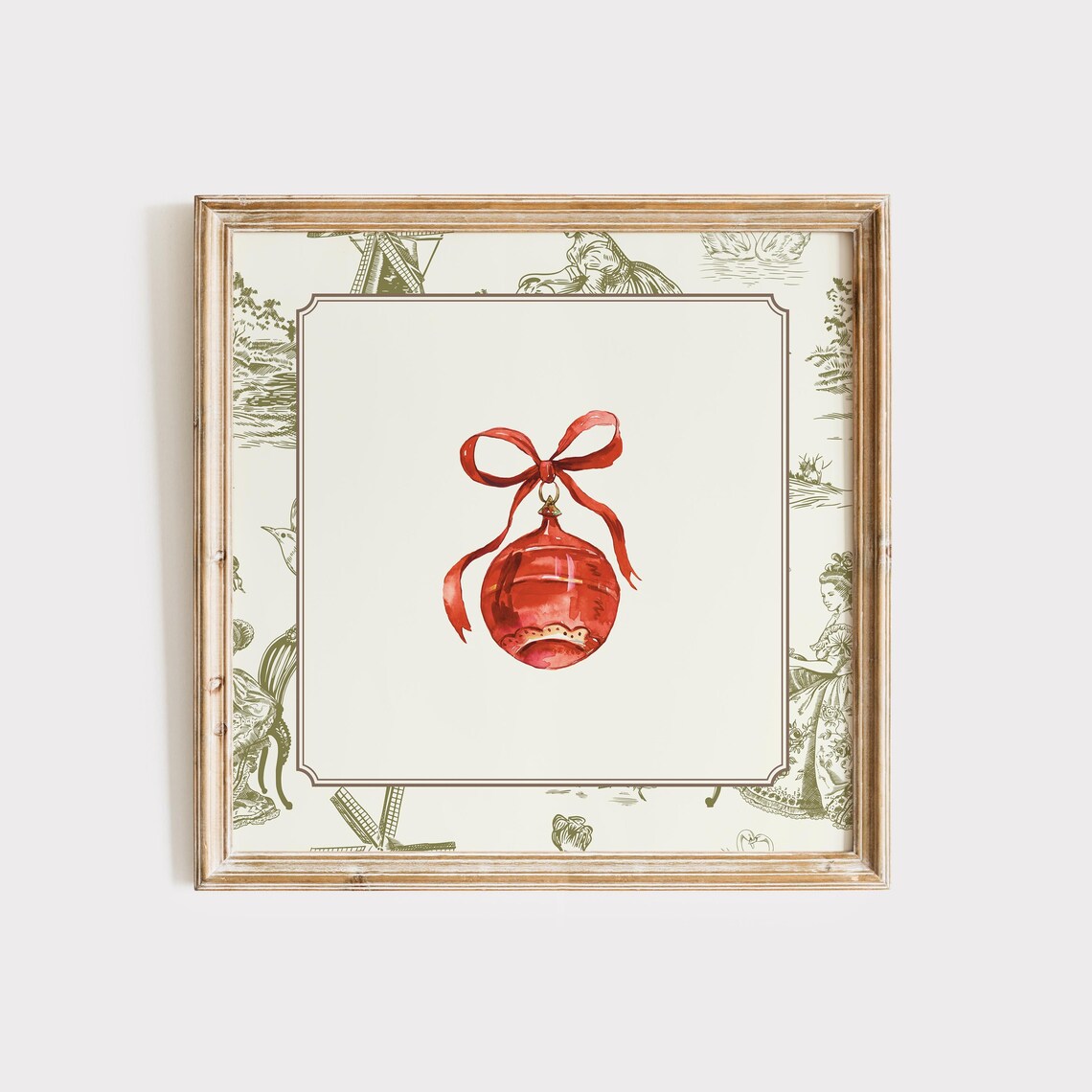 Green Toile Border Red Christmas Bauble Bow Watercolor Holiday Poster - Image 2