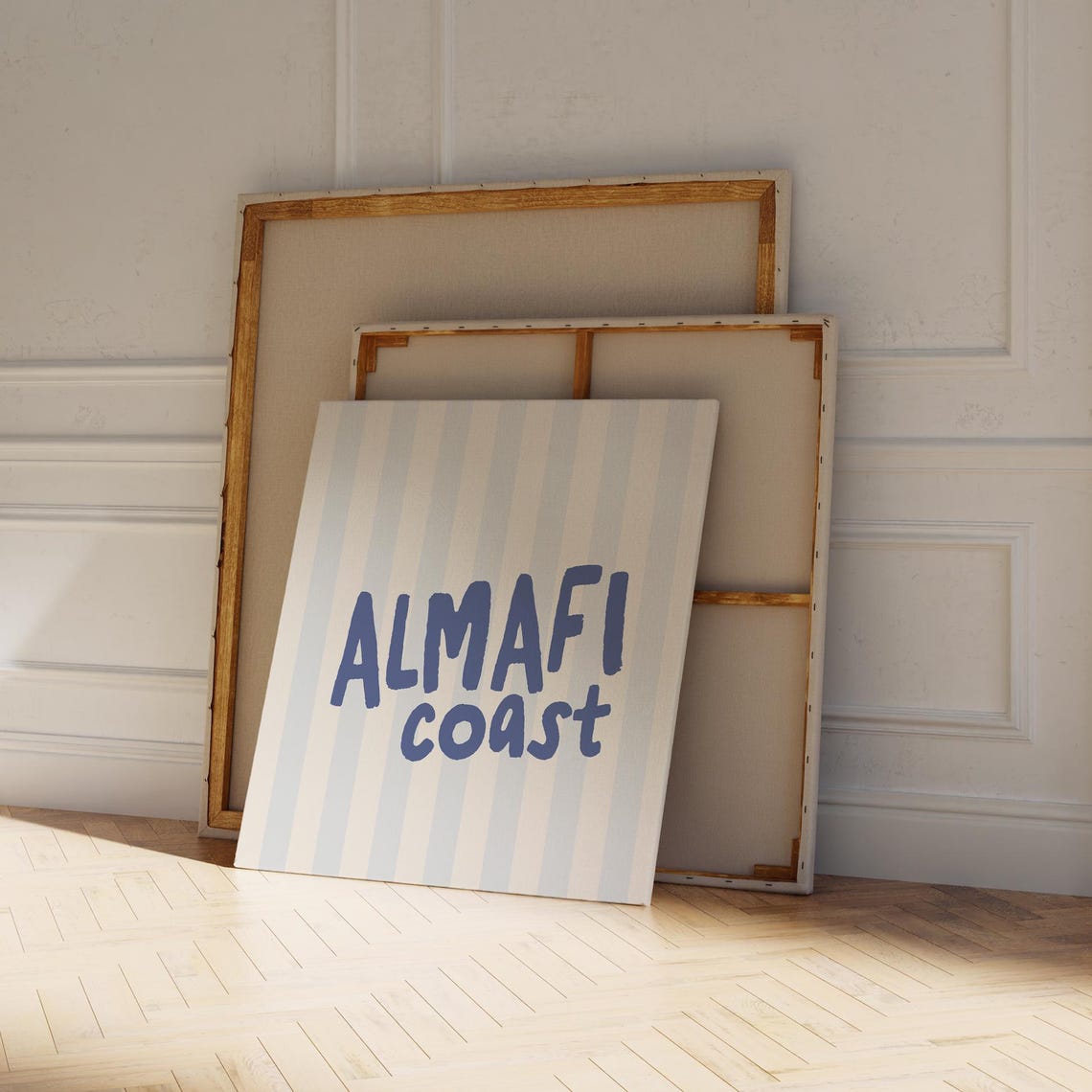 Almafi Coast Blue Script Light Stripes Coastal City Name Wall Art - Image 4